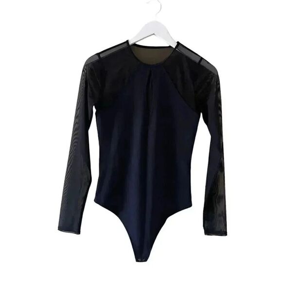 Abercrombie & Fitch Black Soft Long Sleeves Mesh Square Neck Bodysuit SZ S #1112 - Picture 1 of 12